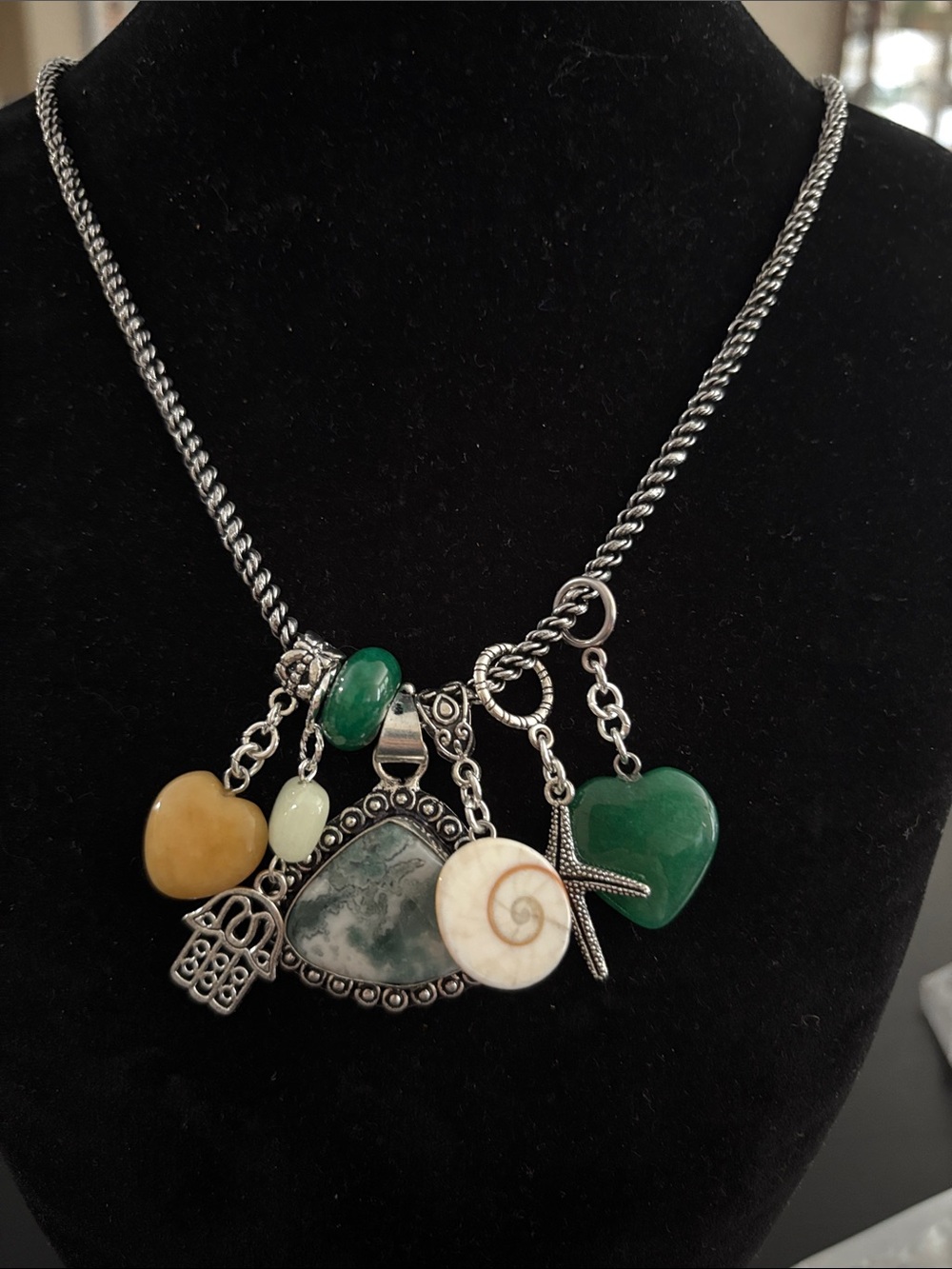 Multi Charm Necklace with moss Agate in 925